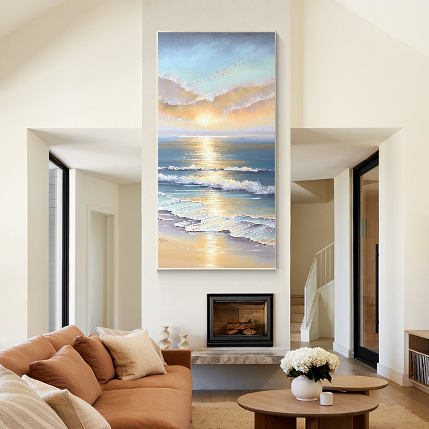 Textured Seascape Sunrise Painting: 3D Coastal Ocean Wave Canvas Art #4