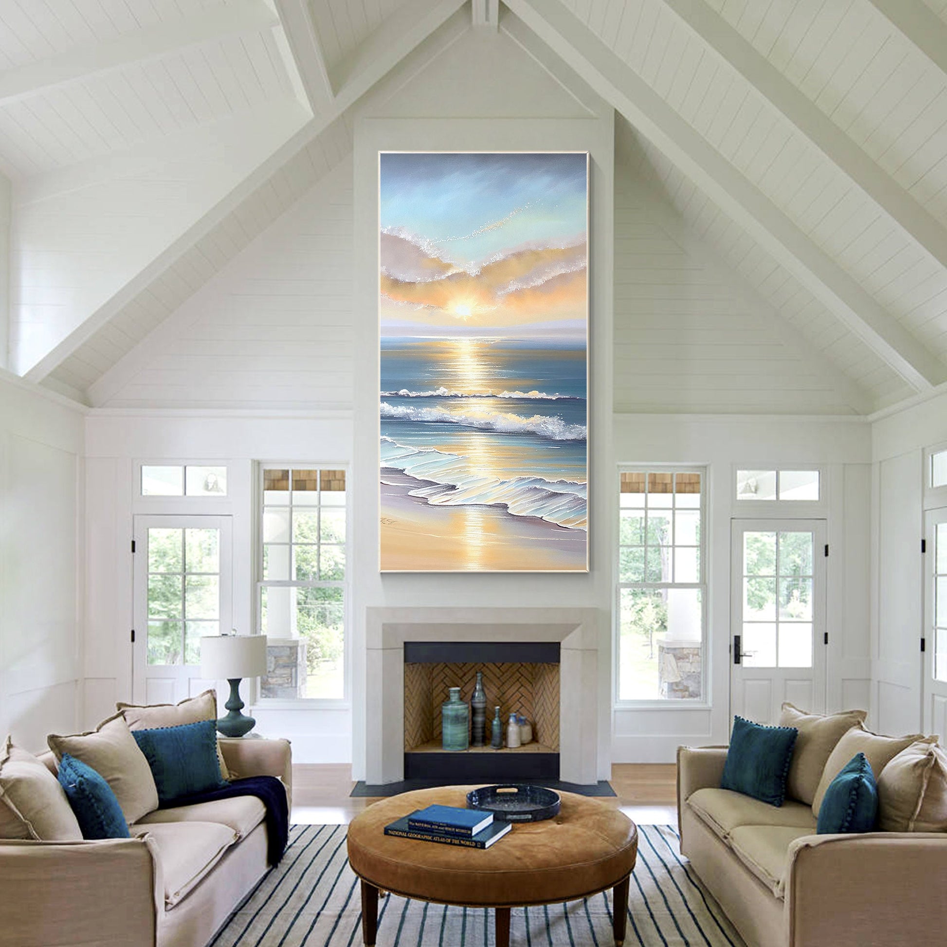 Textured Seascape Sunrise Painting: 3D Coastal Ocean Wave Canvas Art #5