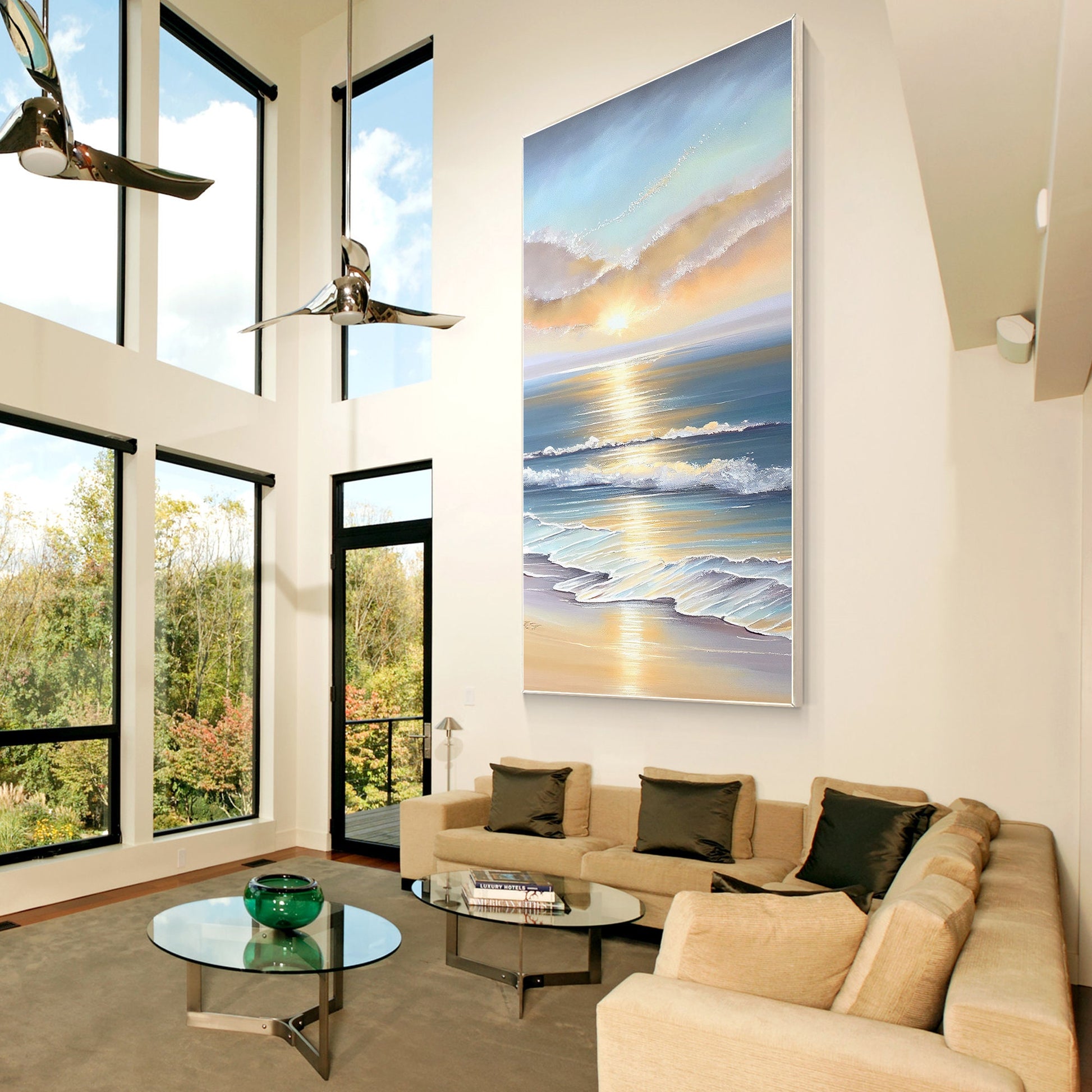 Textured Seascape Sunrise Painting: 3D Coastal Ocean Wave Canvas Art #6