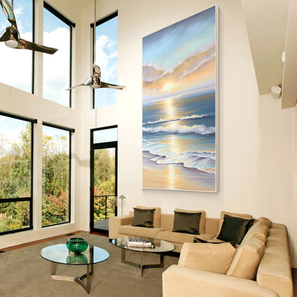 Textured Seascape Sunrise Painting: 3D Coastal Ocean Wave Canvas Art #6