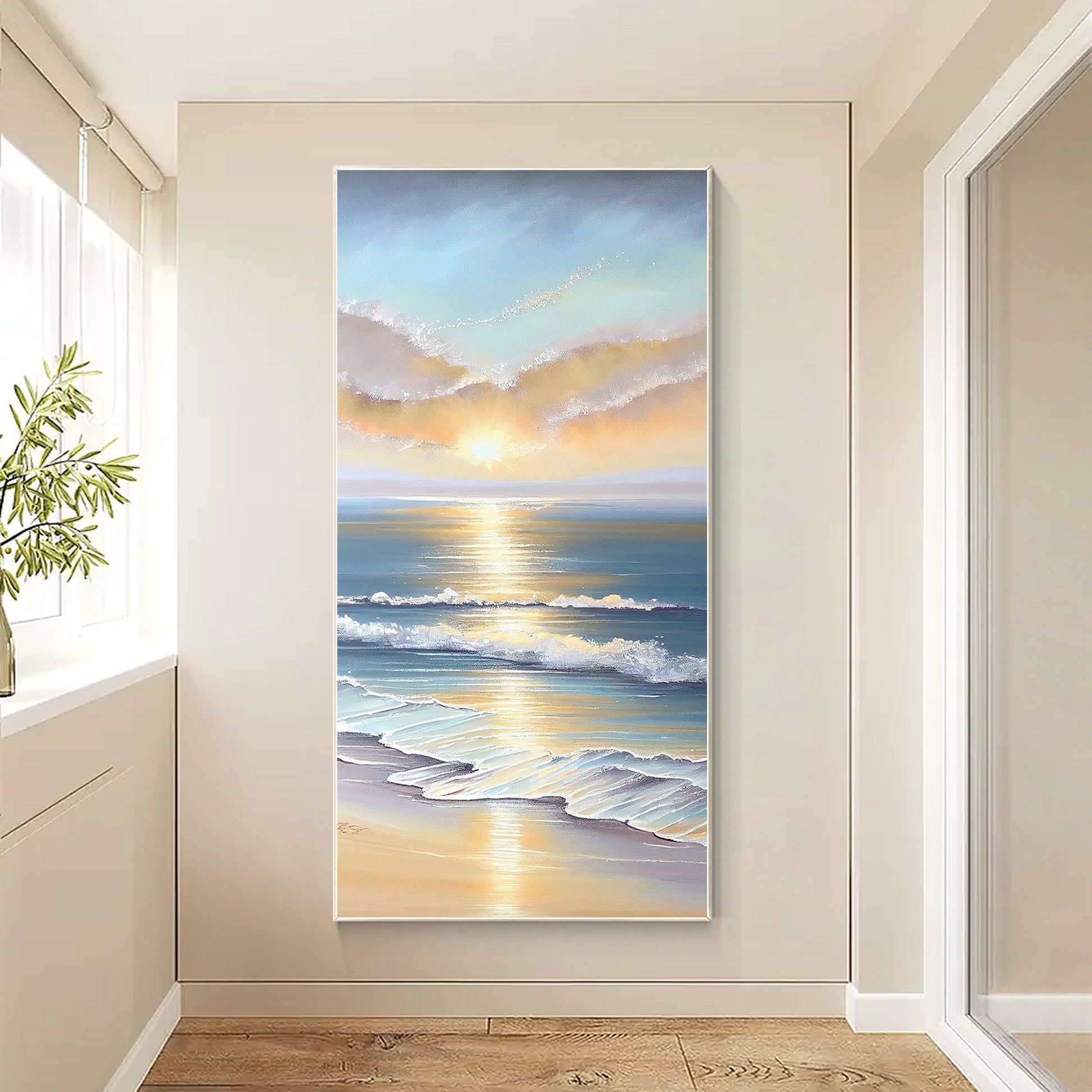 Textured Seascape Sunrise Painting: 3D Coastal Ocean Wave Canvas Art #1