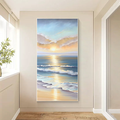 Textured Seascape Sunrise Painting: 3D Coastal Ocean Wave Canvas Art #1