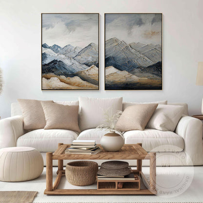 Textured Snow Mountain Wall Art Diptych, Contemporary Landscape Painting Set, Ne #2