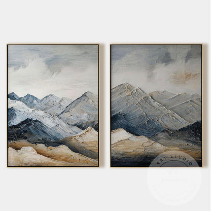 Textured Snow Mountain Wall Art Diptych, Contemporary Landscape Painting Set, Ne #11