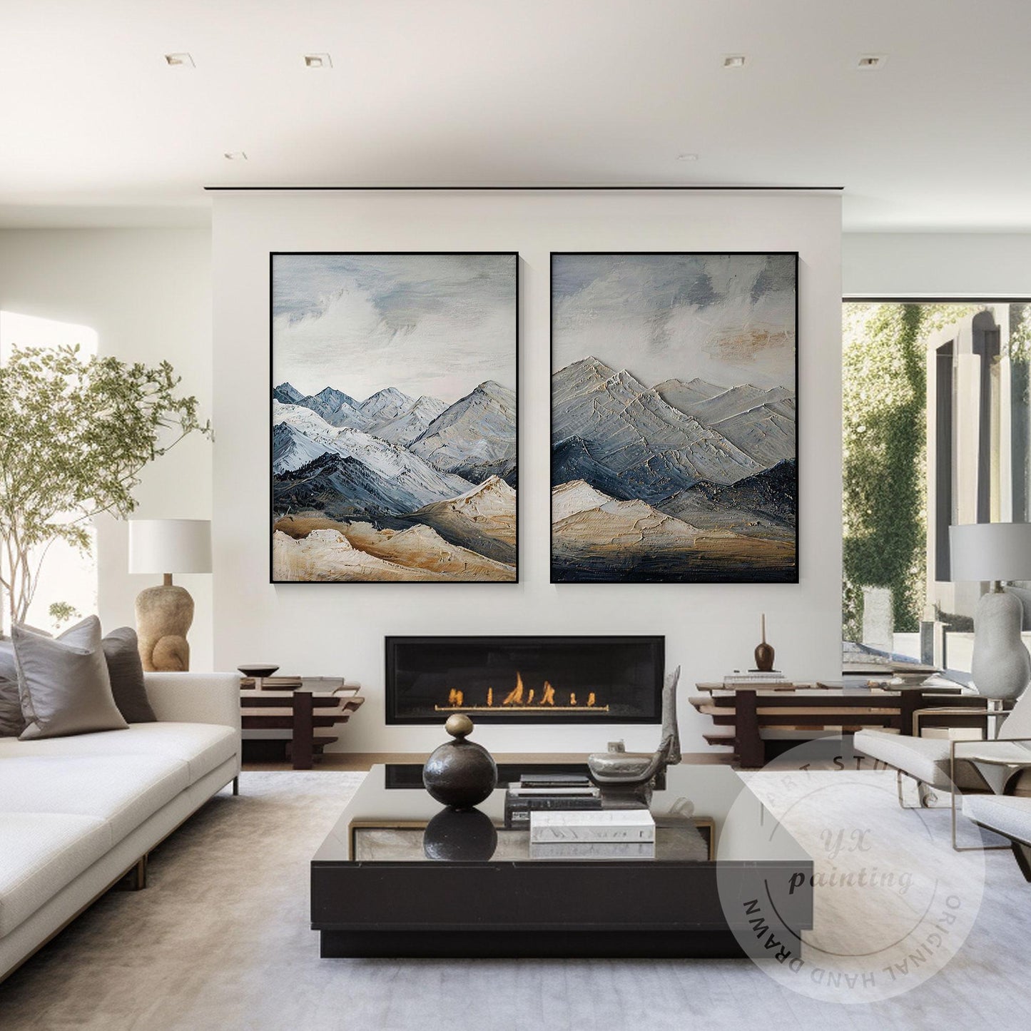 Textured Snow Mountain Wall Art Diptych, Contemporary Landscape Painting Set, Ne #3