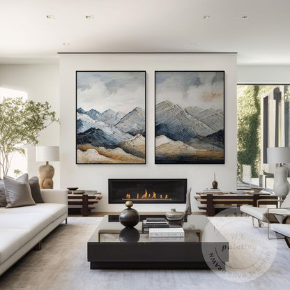 Textured Snow Mountain Wall Art Diptych, Contemporary Landscape Painting Set, Ne #3