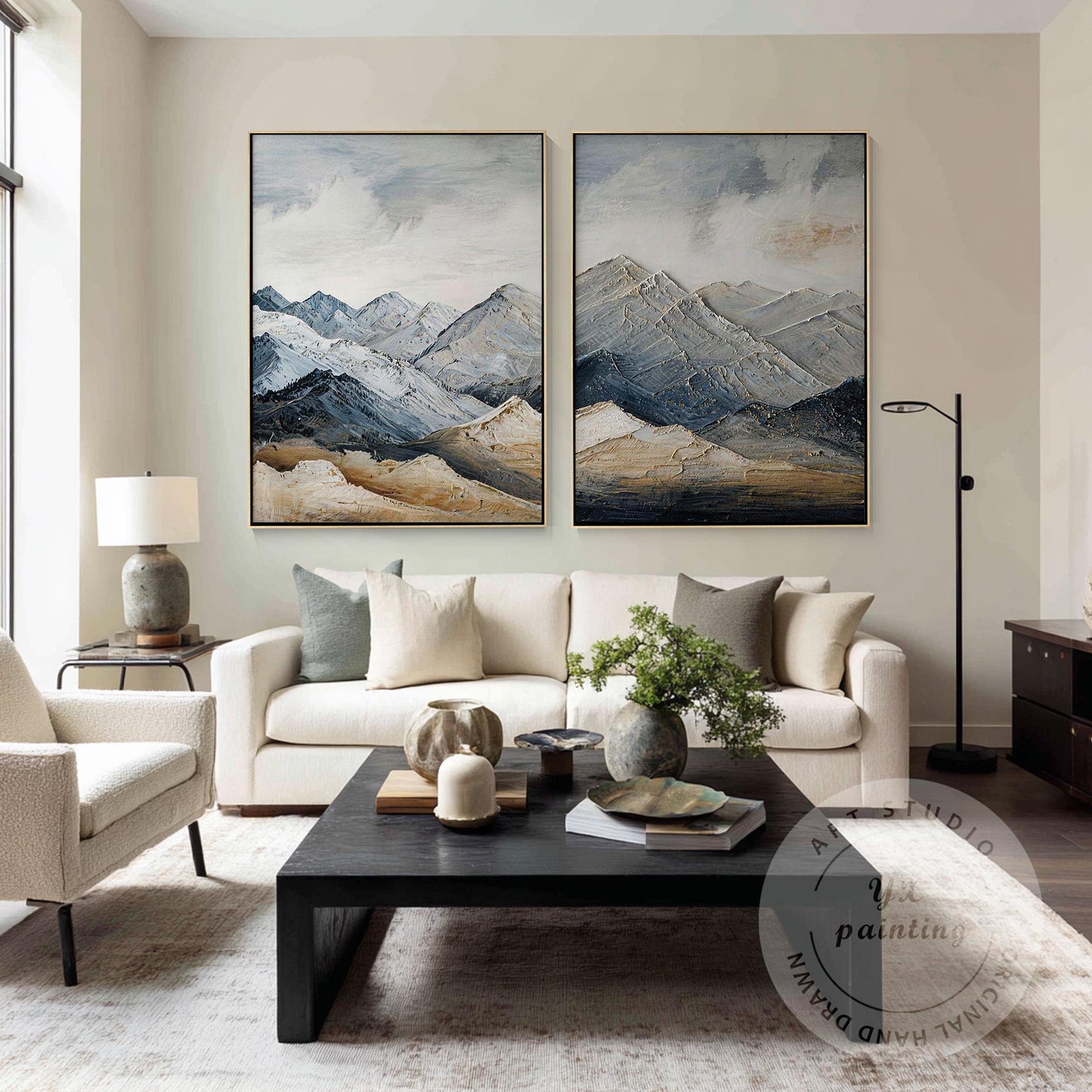 Textured Snow Mountain Wall Art Diptych, Contemporary Landscape Painting Set, Ne #4