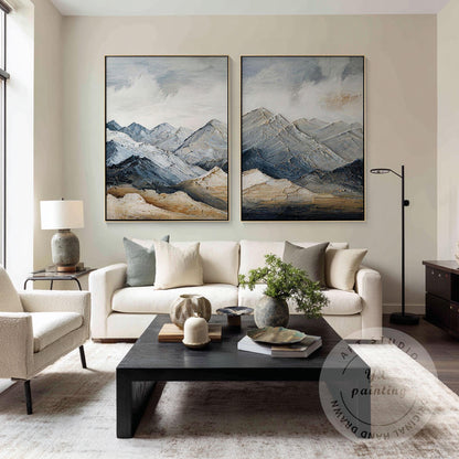 Textured Snow Mountain Wall Art Diptych, Contemporary Landscape Painting Set, Ne #4