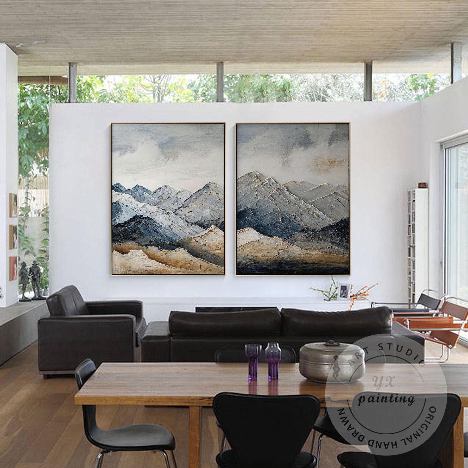 Textured Snow Mountain Wall Art Diptych, Contemporary Landscape Painting Set, Ne #5