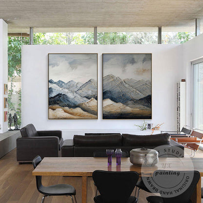 Textured Snow Mountain Wall Art Diptych, Contemporary Landscape Painting Set, Ne #5