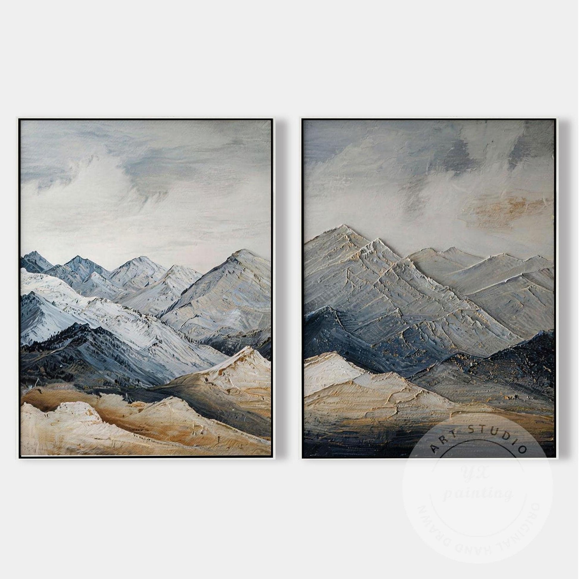 Textured Snow Mountain Wall Art Diptych, Contemporary Landscape Painting Set, Ne #6