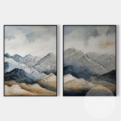 Textured Snow Mountain Wall Art Diptych, Contemporary Landscape Painting Set, Ne #7