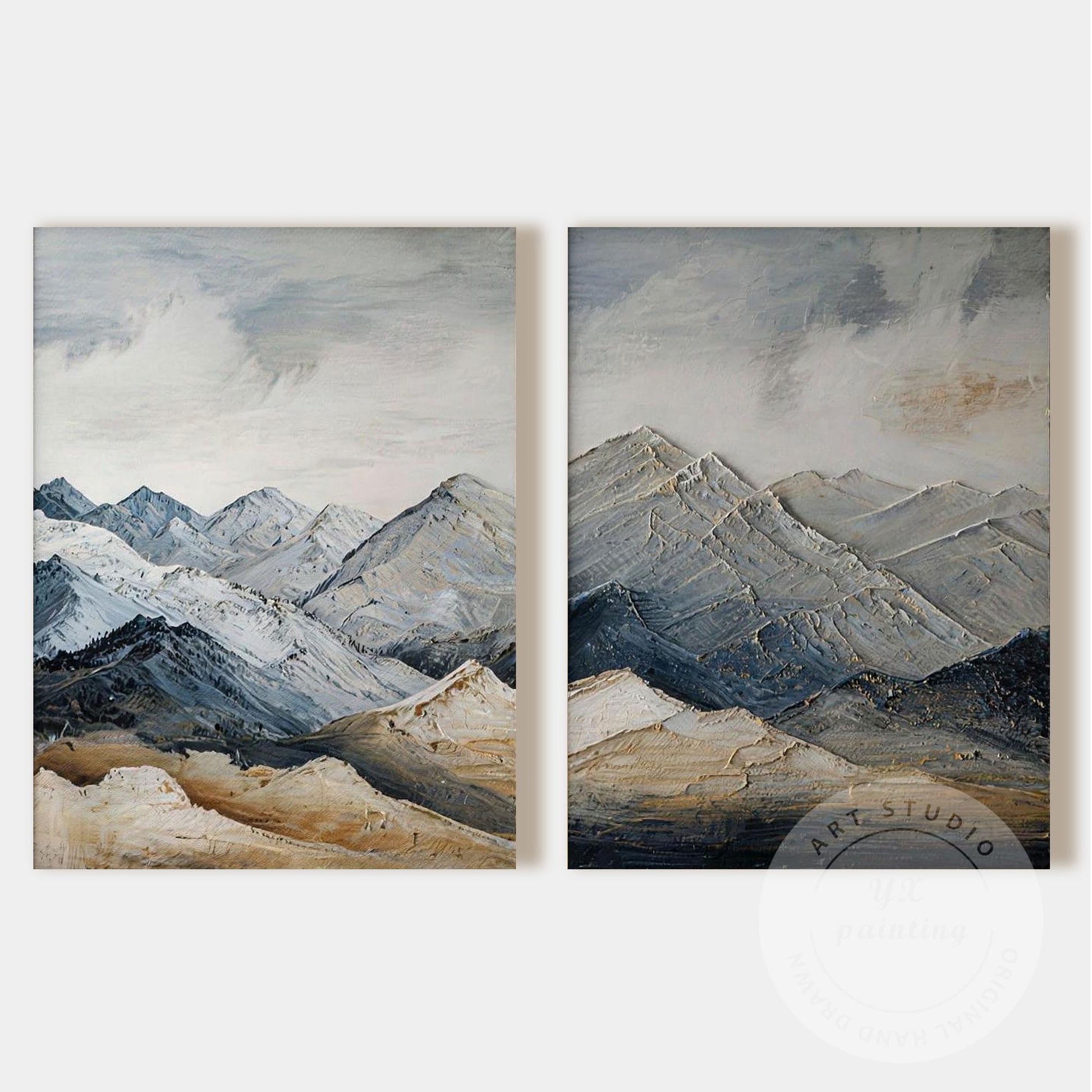 Textured Snow Mountain Wall Art Diptych, Contemporary Landscape Painting Set, Ne #9