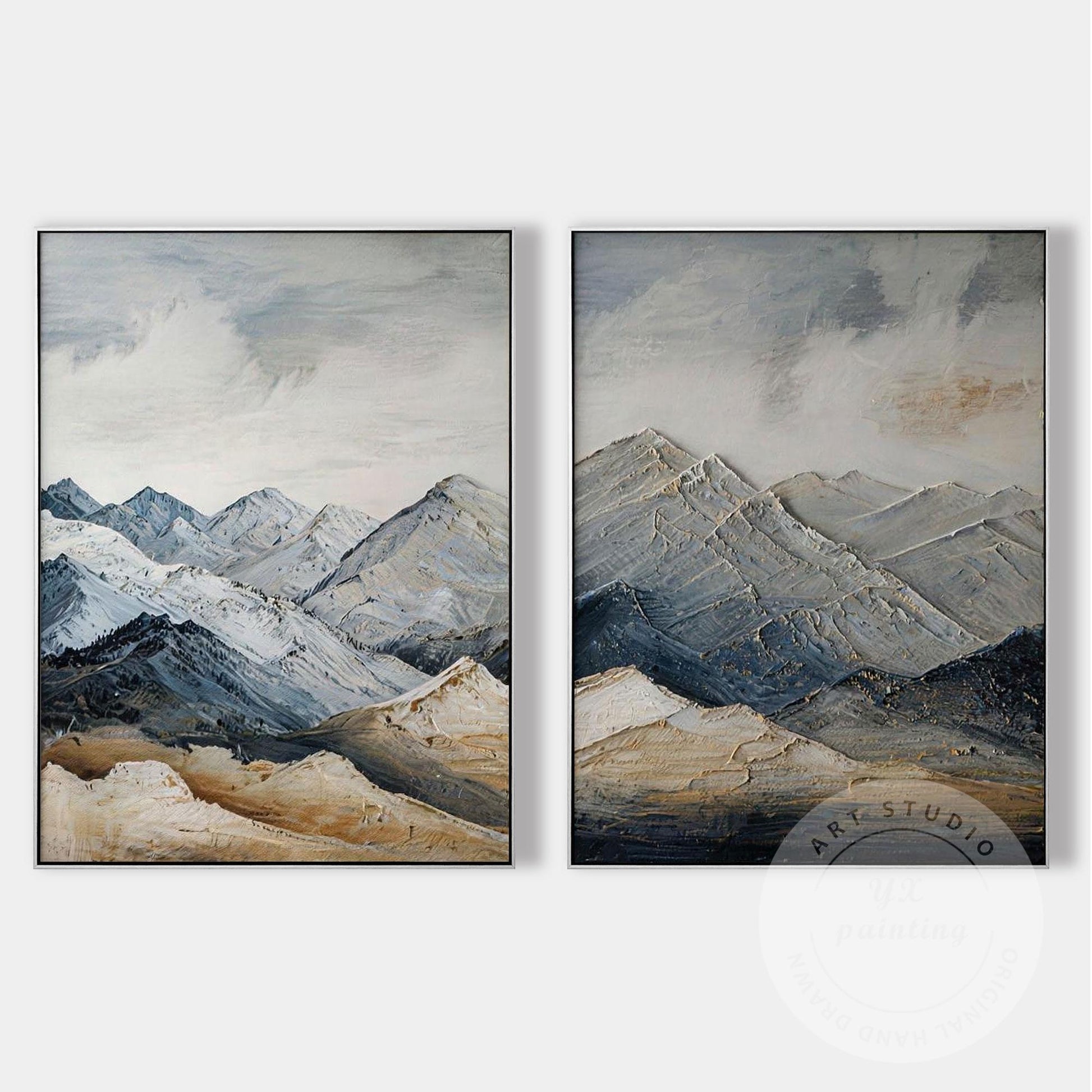 Textured Snow Mountain Wall Art Diptych, Contemporary Landscape Painting Set, Ne #10