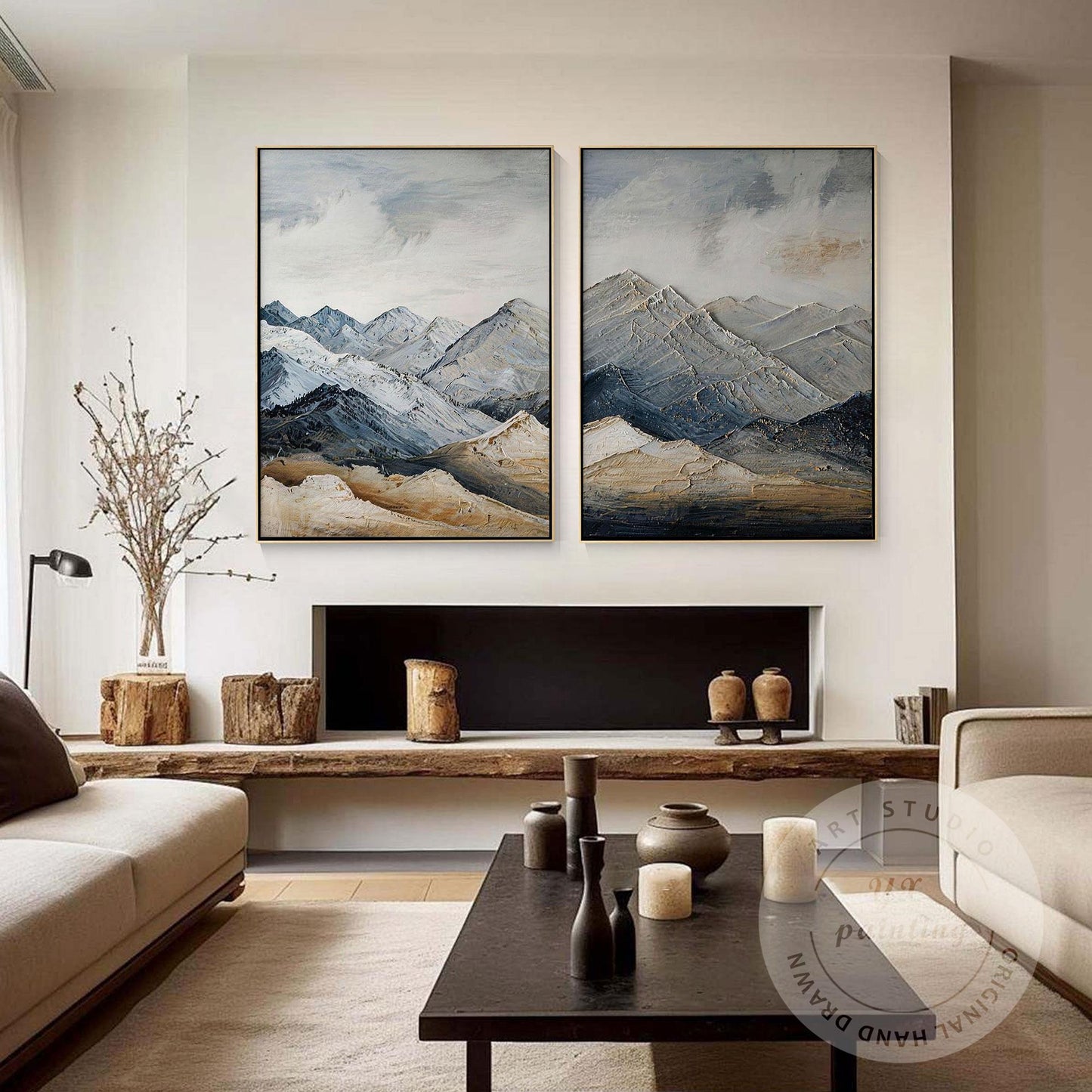 Textured Snow Mountain Wall Art Diptych, Contemporary Landscape Painting Set, Ne #1