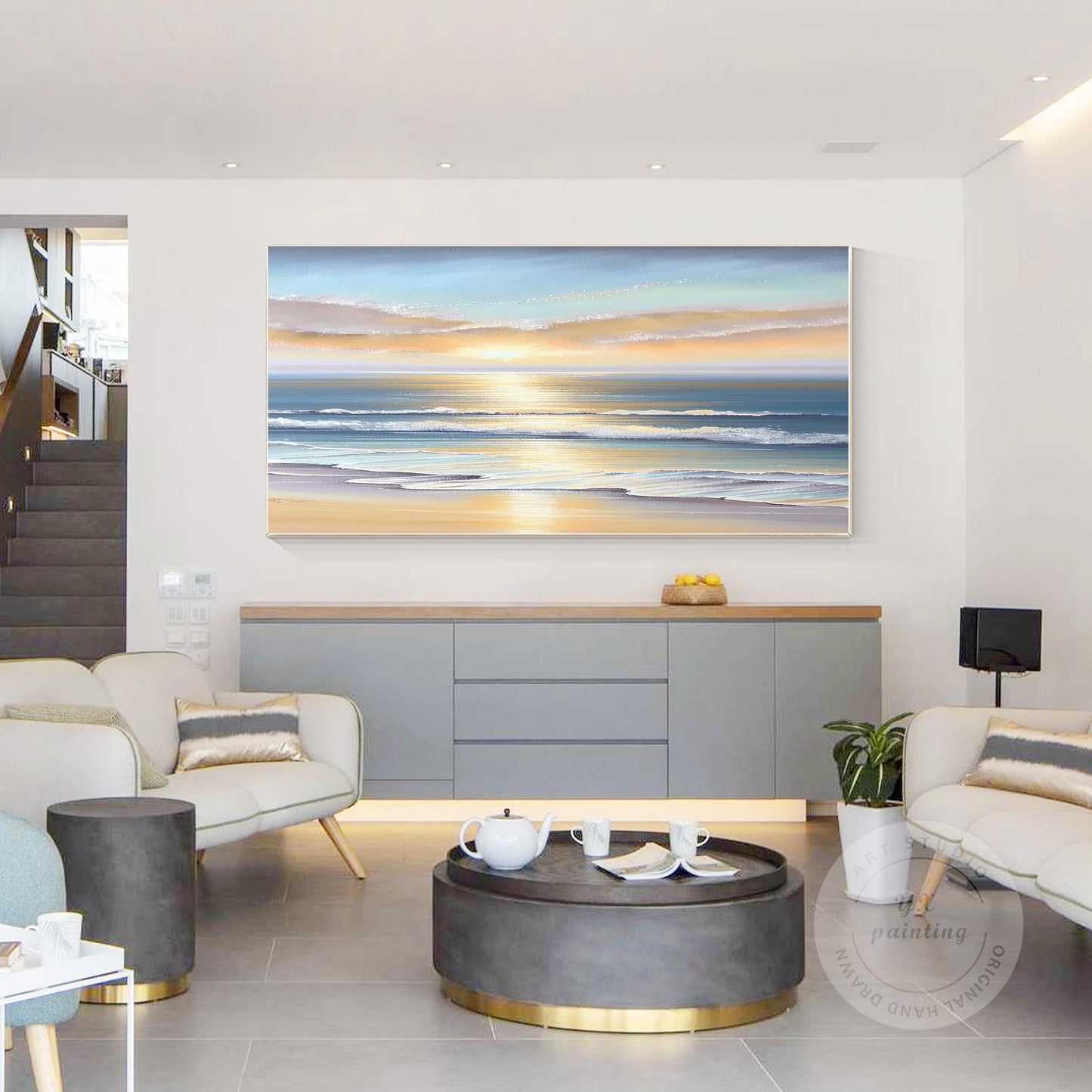 Textured Sunrise Seascape Painting: Blue Ocean Wave Wall Art #2