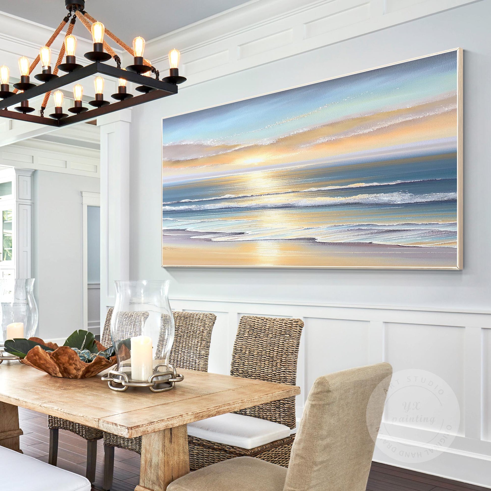 Textured Sunrise Seascape Painting: Blue Ocean Wave Wall Art #3