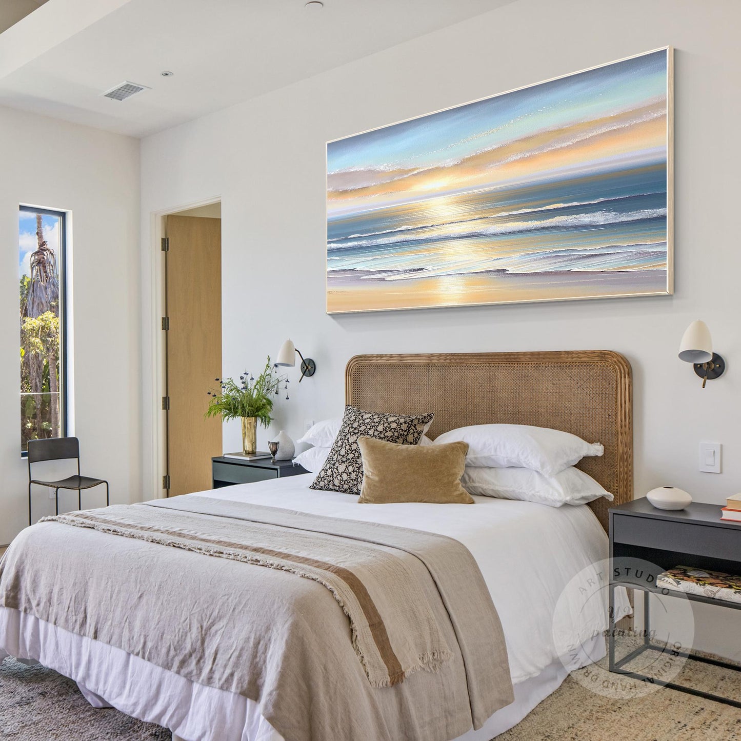 Textured Sunrise Seascape Painting: Blue Ocean Wave Wall Art #5