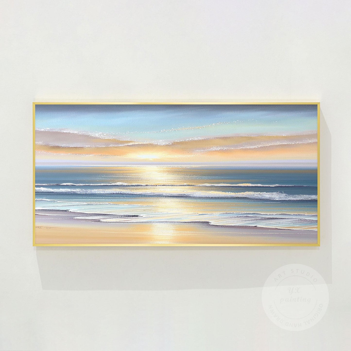Textured Sunrise Seascape Painting: Blue Ocean Wave Wall Art #7