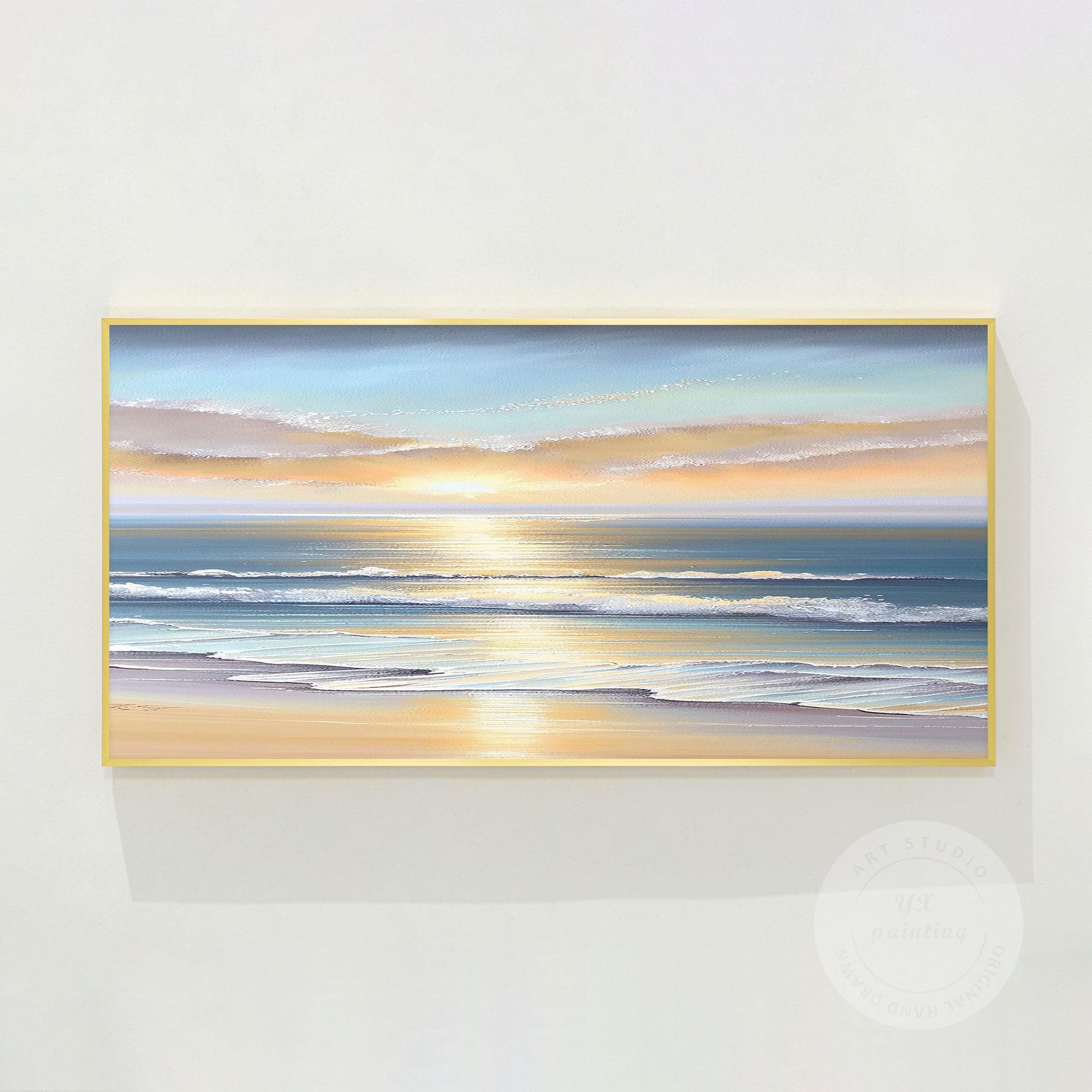 Textured Sunrise Seascape Painting: Blue Ocean Wave Wall Art #7