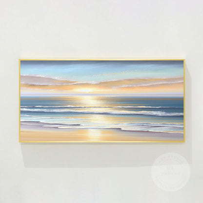 Textured Sunrise Seascape Painting: Blue Ocean Wave Wall Art #7