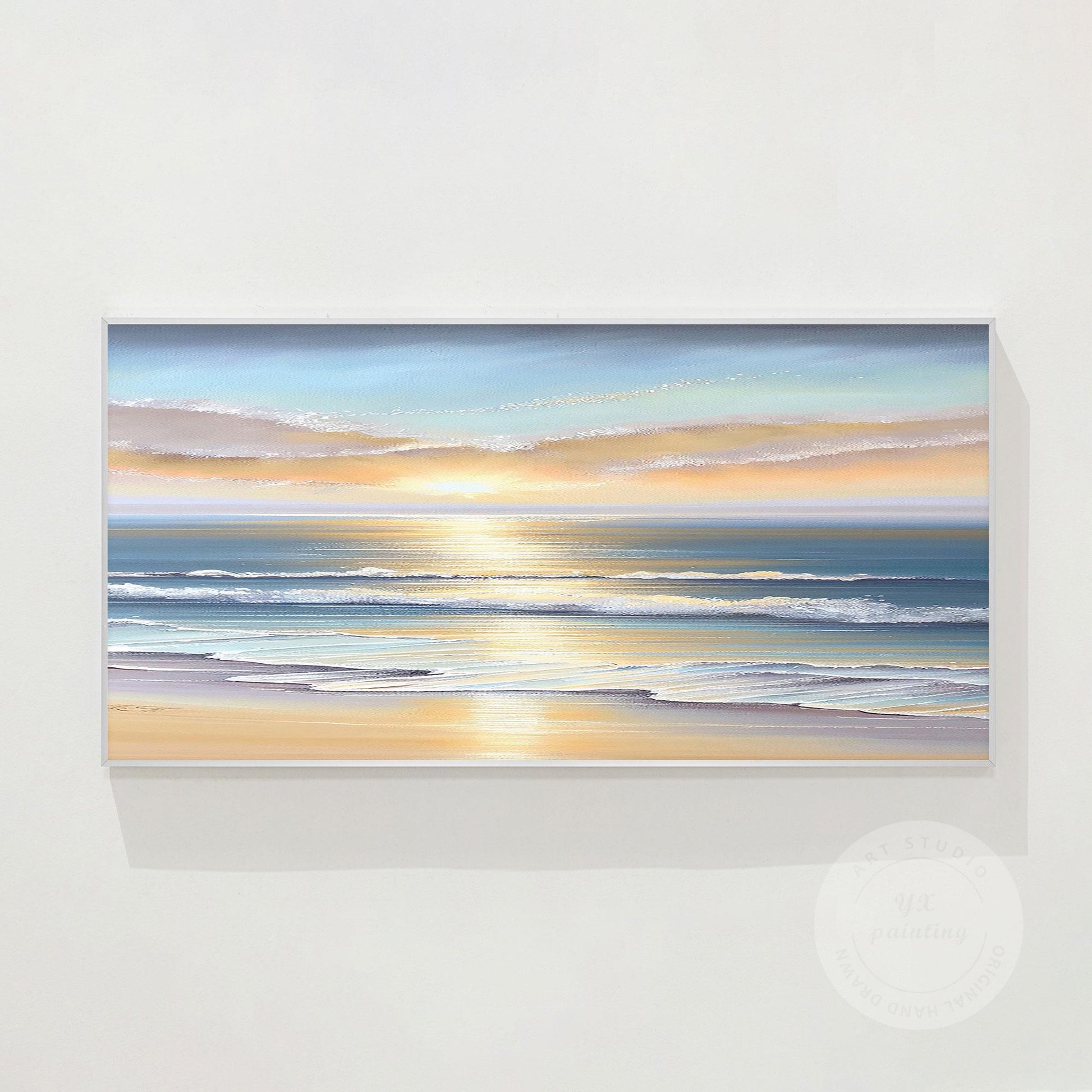 Textured Sunrise Seascape Painting: Blue Ocean Wave Wall Art #8
