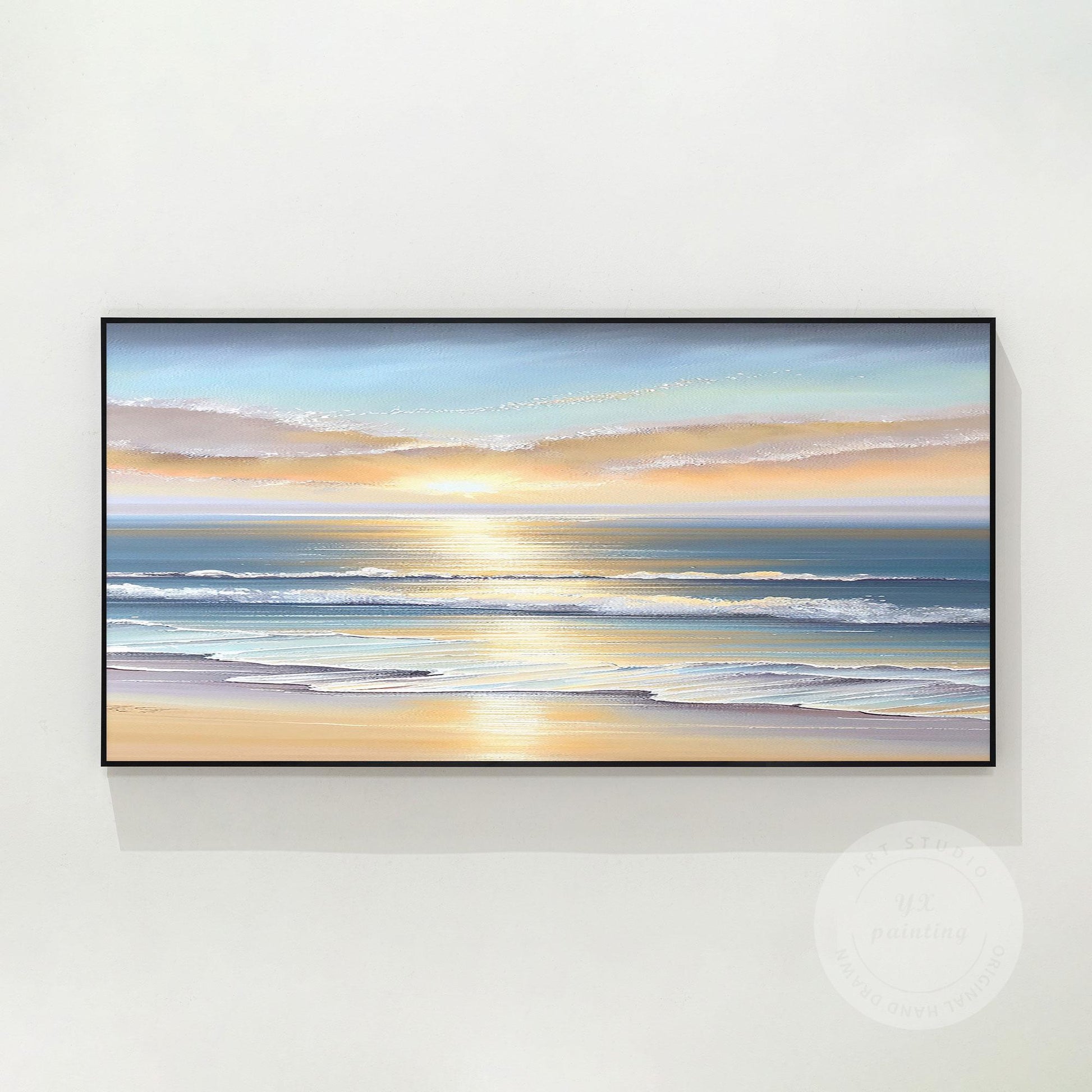 Textured Sunrise Seascape Painting: Blue Ocean Wave Wall Art #9