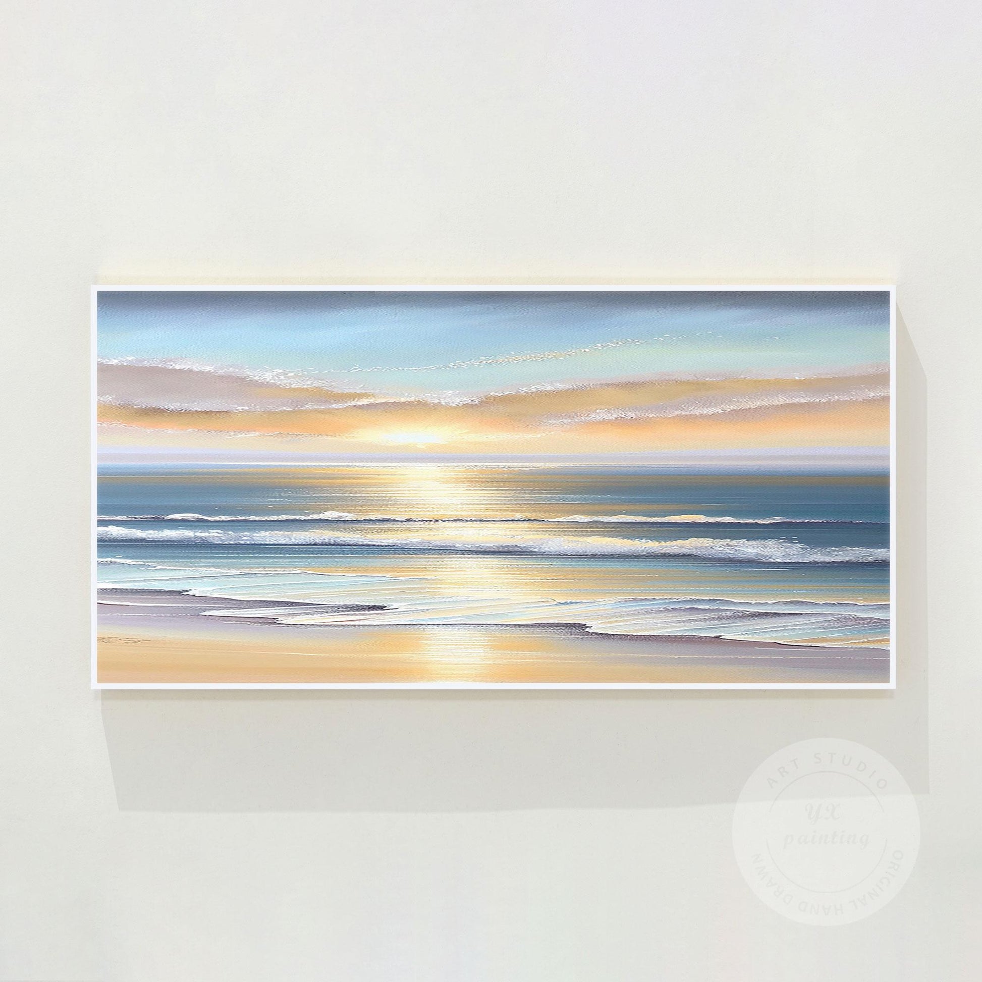 Textured Sunrise Seascape Painting: Blue Ocean Wave Wall Art #10