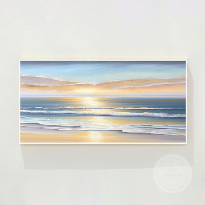 Textured Sunrise Seascape Painting: Blue Ocean Wave Wall Art #10