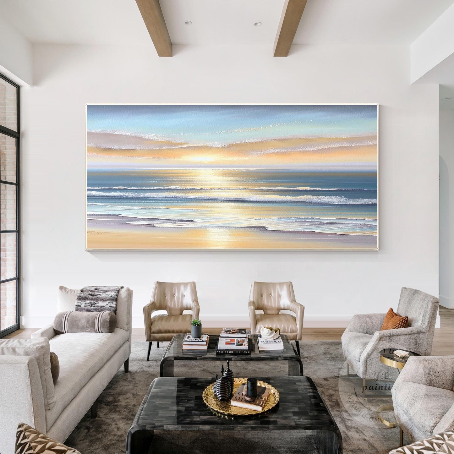 Textured Sunrise Seascape Painting: Blue Ocean Wave Wall Art #1