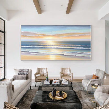 Textured Sunrise Seascape Painting: Blue Ocean Wave Wall Art #1