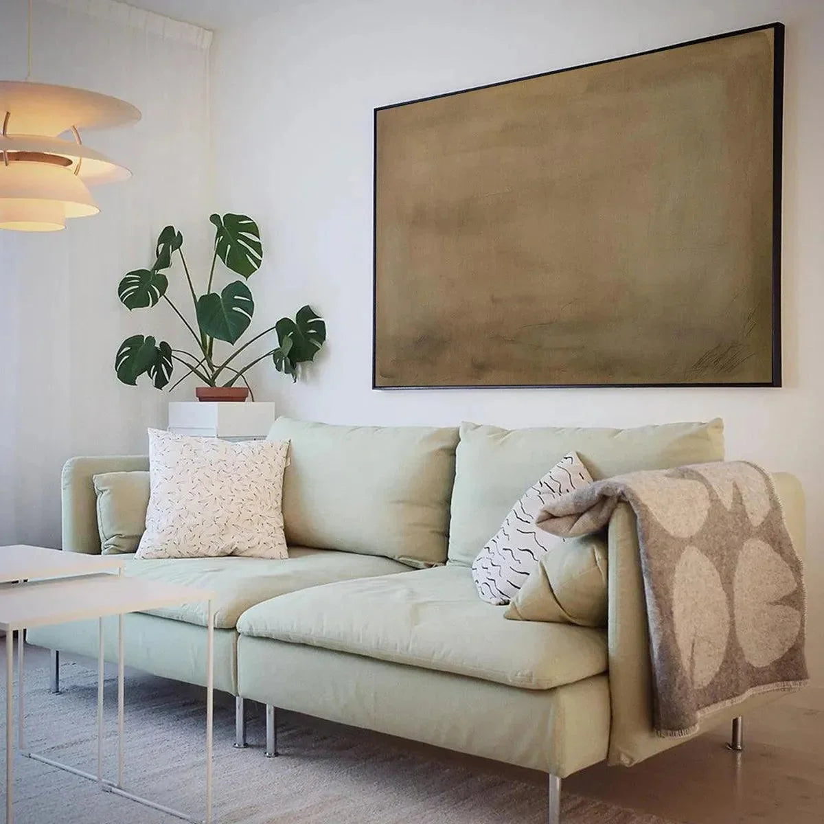 EARTHY MINIMALIST LANDSCAPE: Minimalist Abstract Painting in Brown | gold frame stretched on neutral wall