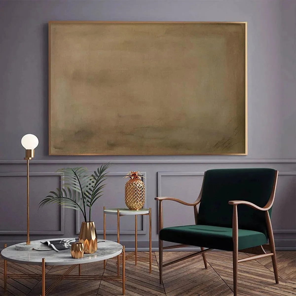 EARTHY MINIMALIST LANDSCAPE: Minimalist Abstract Painting in Brown | black frame version on white wall