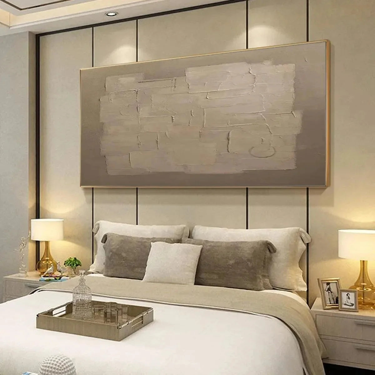 TEXTURED TAUPE ABSTRACT: Minimalist Textured Painting | gold frame stretched on neutral wall