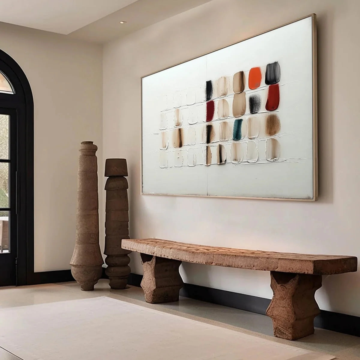 TEXTURED TILES: Minimalist Abstract Textured Oil Painting | gold frame stretched on neutral wall