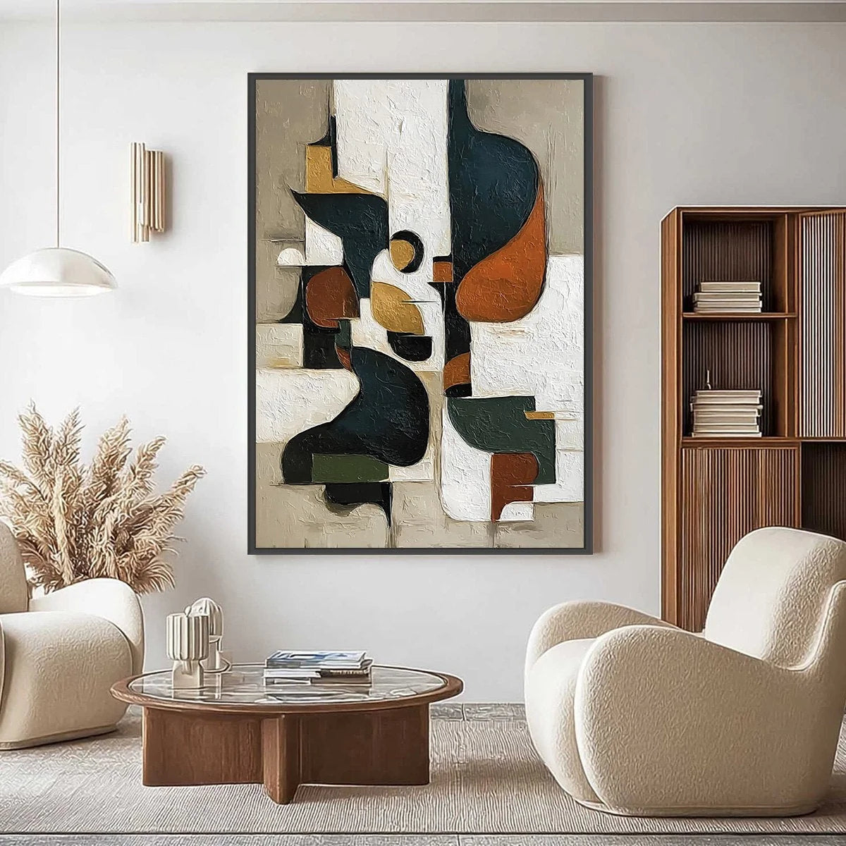 URBAN FRAGMENTS: Textured Vertical Abstract Painting for Modern Decor | gold frame stretched on neutral wall