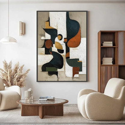 URBAN FRAGMENTS: Textured Vertical Abstract Painting for Modern Decor | gold frame stretched on neutral wall