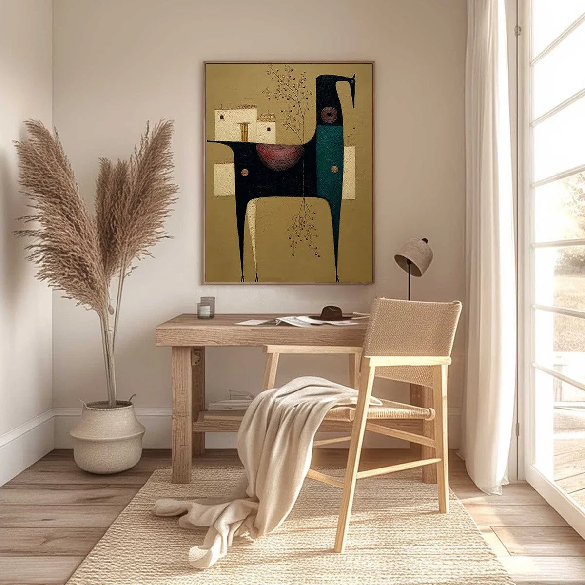 NOMAD'S HAVEN: Textured Wabi Sabi Abstract Animal Wall Art | black frame version on white wall
