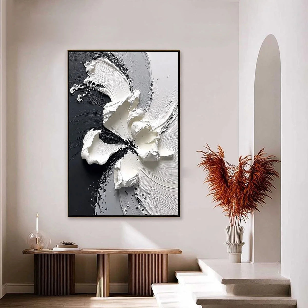 ECHOES IN WHITE: Textured Wabi-Sabi Abstract Floral Wall Art | gold frame stretched on neutral wall