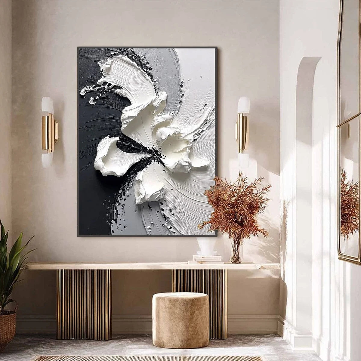 ECHOES IN WHITE: Textured Wabi-Sabi Abstract Floral Wall Art | black frame version on white wall