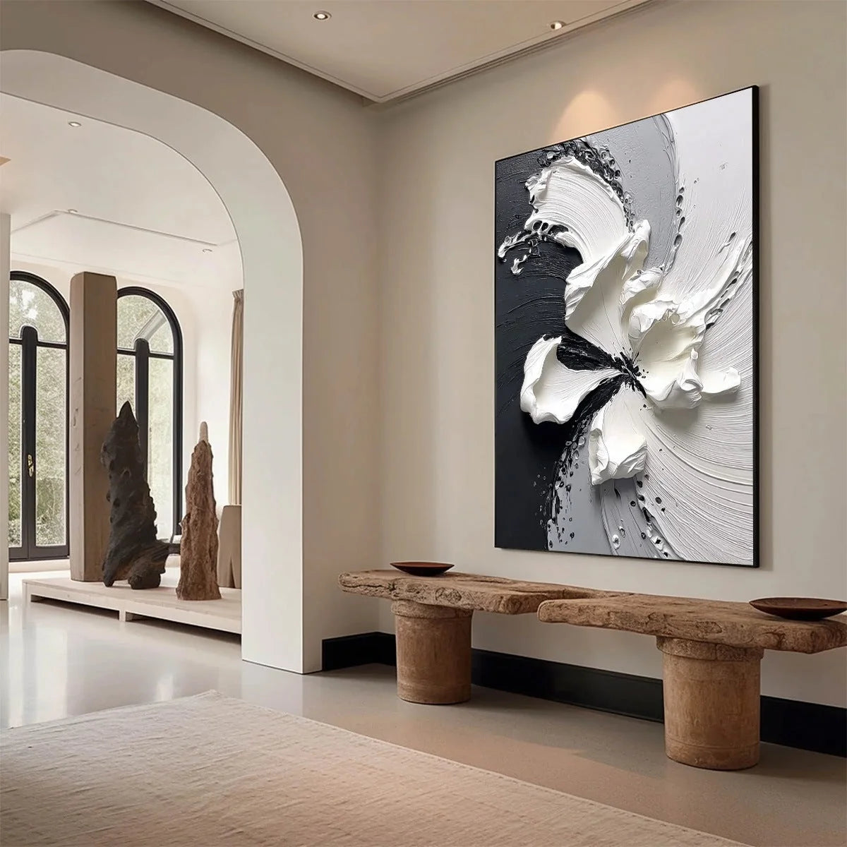 ECHOES IN WHITE: Textured Wabi-Sabi Abstract Floral Wall Art | Abstract mood, soft natural light studio shot