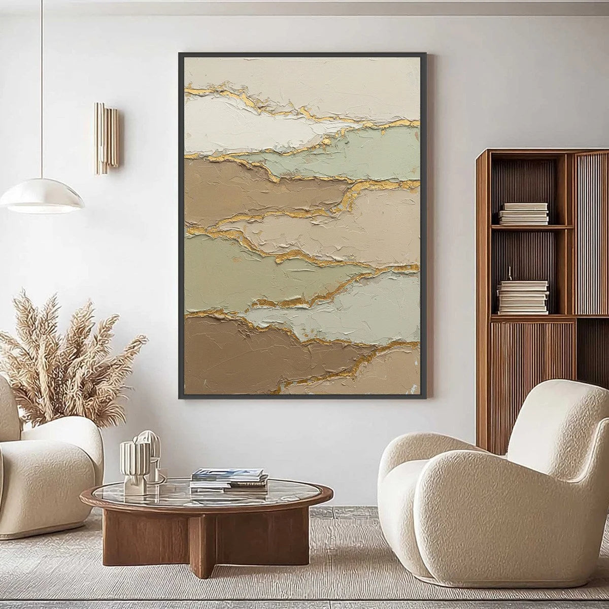 STRATA: Textured Wabi Sabi Abstract Landscape Painting | gold frame stretched on neutral wall