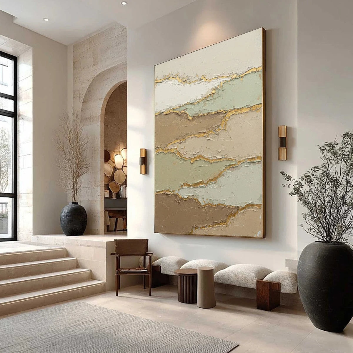 STRATA: Textured Wabi Sabi Abstract Landscape Painting | Abstract mood, soft natural light studio shot