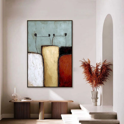 THE GATHERING: Textured Wabi Sabi Abstract Painting of Earthy Forms | gold frame stretched on neutral wall