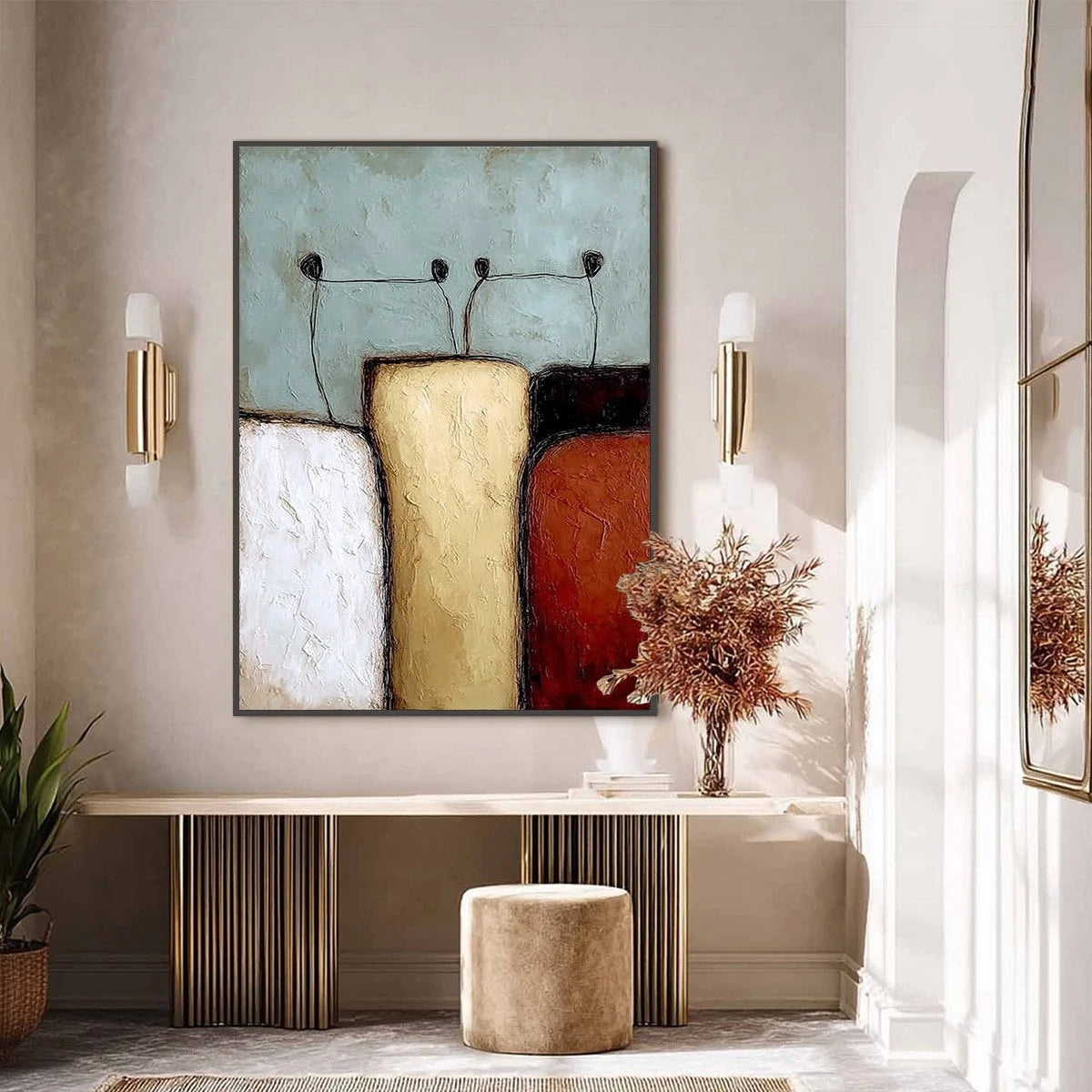 THE GATHERING: Textured Wabi Sabi Abstract Painting of Earthy Forms | black frame version on white wall