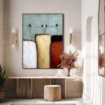 THE GATHERING: Textured Wabi Sabi Abstract Painting of Earthy Forms | black frame version on white wall