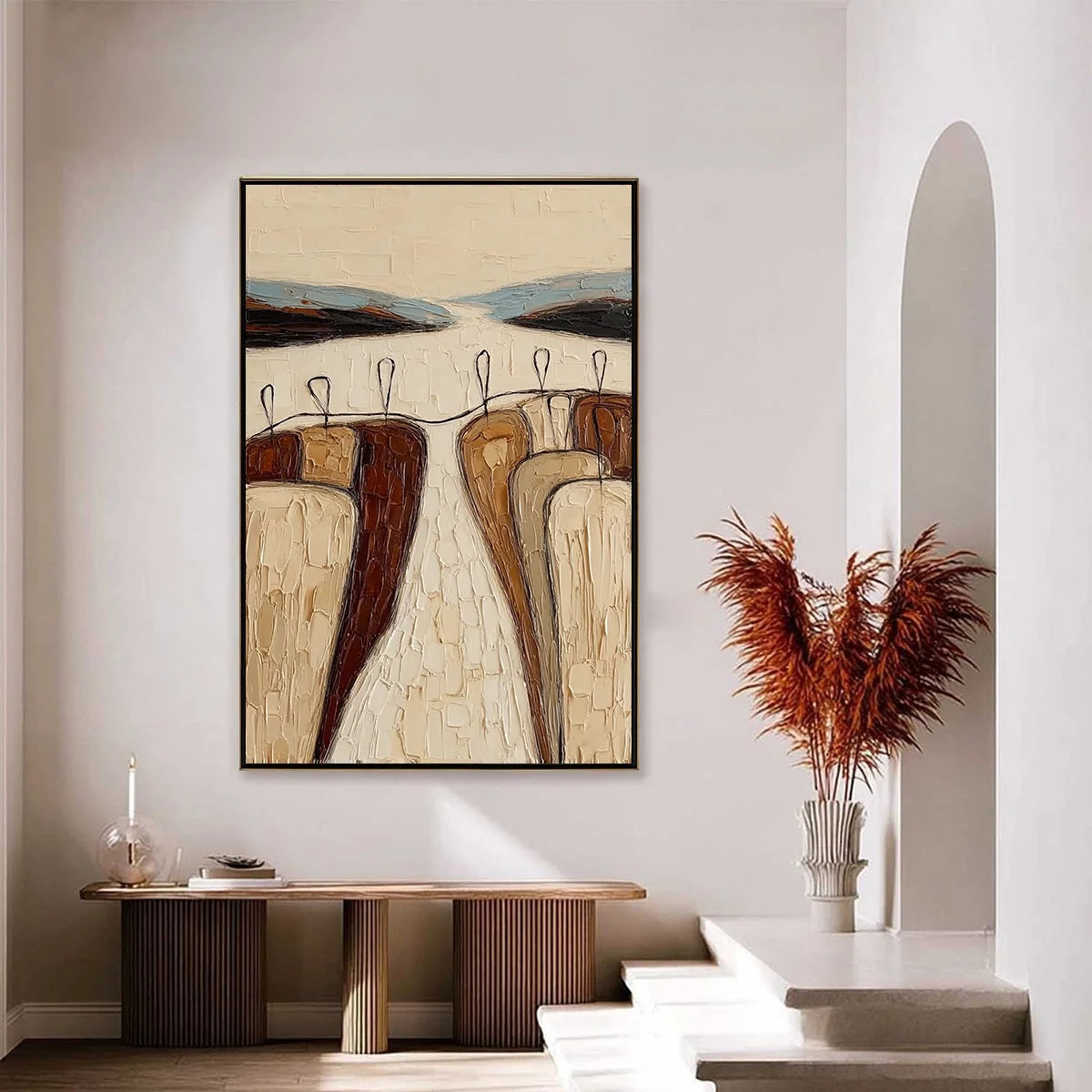 THE GATHERING: Textured Wabi Sabi Abstract Landscape Painting | gold frame stretched on neutral wall