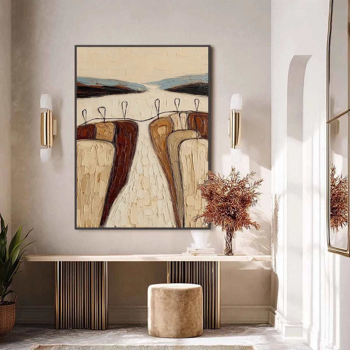 THE GATHERING: Textured Wabi Sabi Abstract Landscape Painting | black frame version on white wall