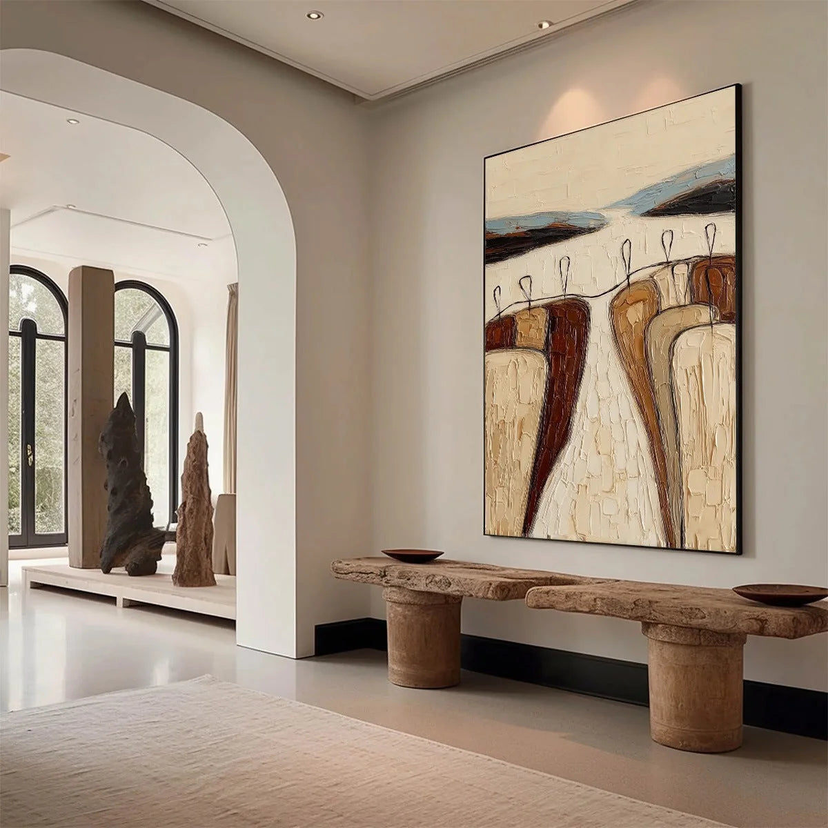 THE GATHERING: Textured Wabi Sabi Abstract Landscape Painting | Figurative mood, soft natural light studio shot