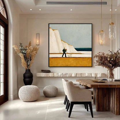 COASTAL DEVOTION: Textured Wabi Sabi Seascape Oil Painting | gold frame stretched on neutral wall
